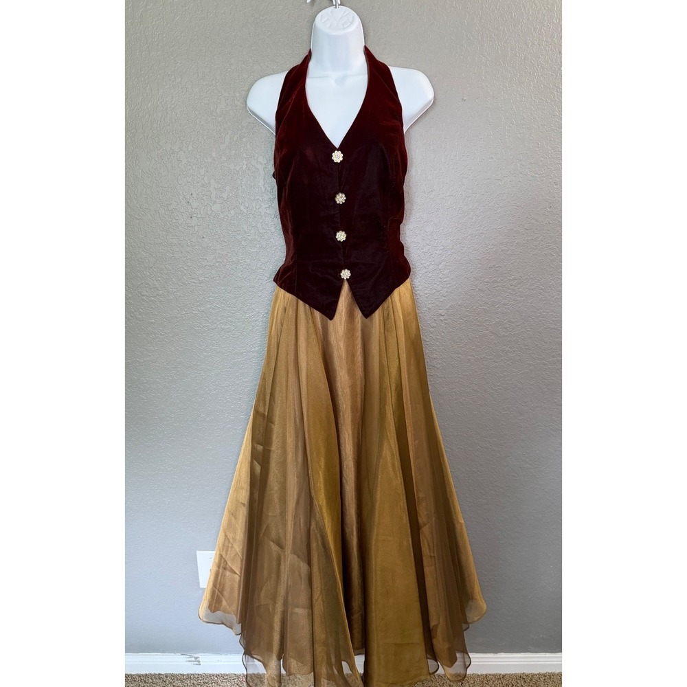 VTG 90's Stellar Velvet Halter Maxi Dress M Burgundy Gold Renaissance Organza